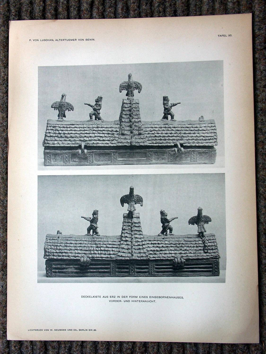 zz-lusc19,tafel 090 benin nigeria,bronze-haus mit figur und vogel